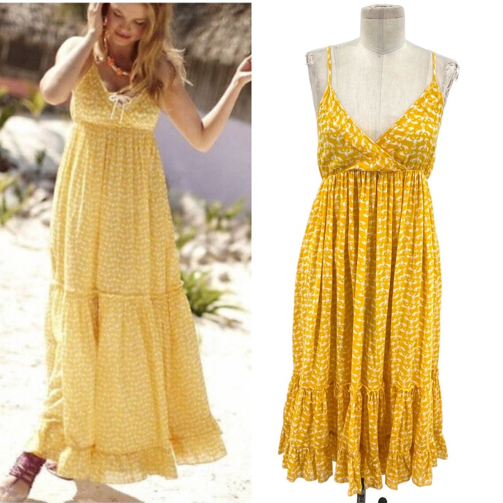 Anthropologie Porridge Yellow Lobster Print Tiered Maxi Dress Size Small